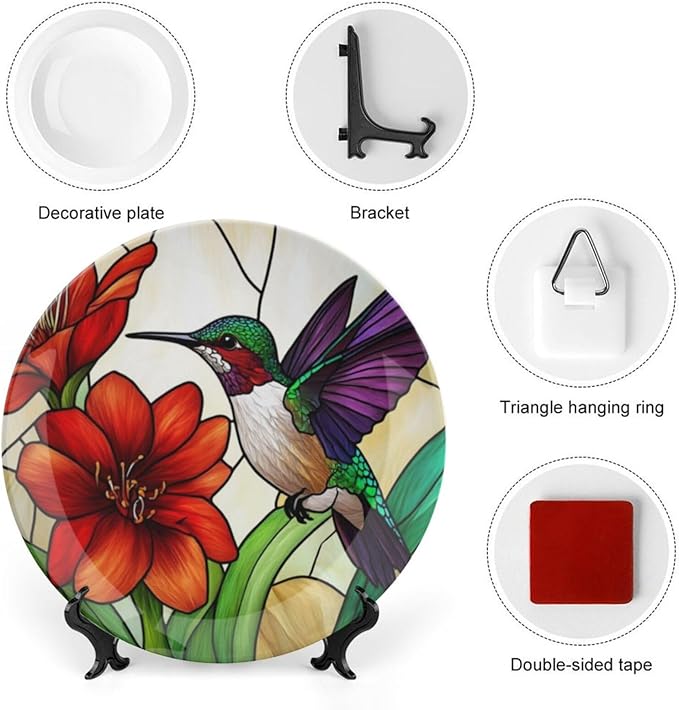 Hummingbird Theme Decorative Ceramic Plate Round Porcelain Plate,6 inch,Floral Rainbow Glass Pattern,for Decorative Ornaments Giving Plates,1 Plate with 1 Display Stand,Red Purple