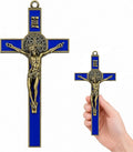 TALPGOD St Benedict Crucifix Gold Blue 7.2 Inch,Crucifix Wall Cross for Catholic Decor,Jesus Christ Hanging Cross Wall Art Decor,Escapularios Catolicos,Saint Benedict Medal for Home Decoration