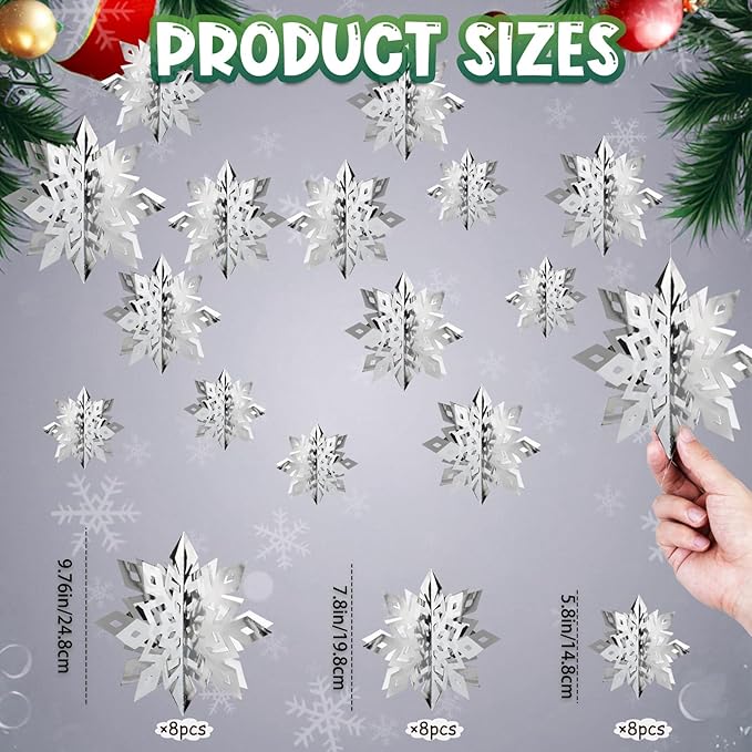 OuMuaMua Christmas Snowflake Decorations Indoor, 24PCS 3D Silver Hanging Snowflakes Garland for Winter Wonderland Decor Xmas Christmas Party Baby Shower Holiday Home Decorations
