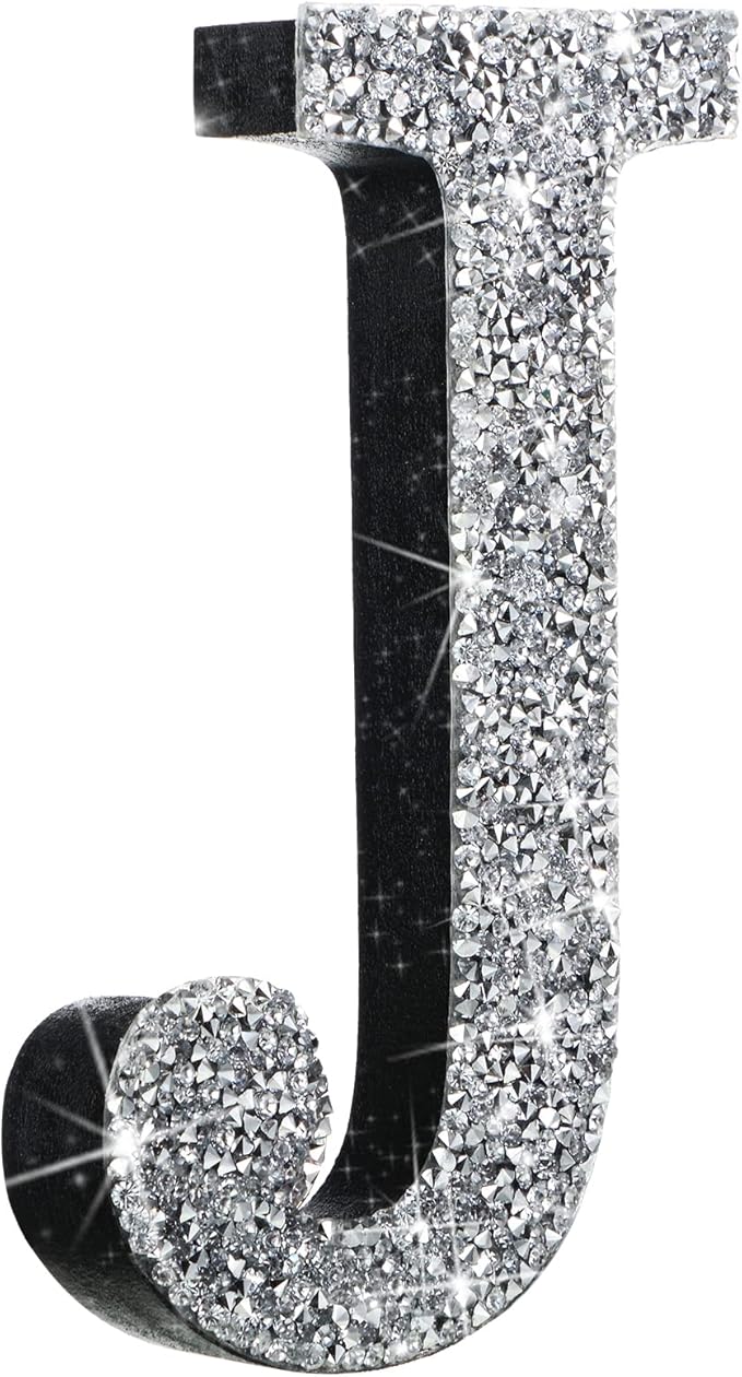 Qunclay 5.7" Silver Crystal Diamond Bling Letters Crushed Diamond Decoration Wooden Glitter Letter with Screw and Hooks Rhinestone Gift for Wedding Y2k Mcbling Bedroom Wall Decor (Letter J)