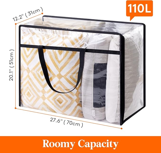Lifewit 3 Pack Clear Clothes Storage Bags, 110L Plastic Blanket Storage Bag, Vinyl Foldable Moving Bags with Zipper, Closet Organizers and Storage Containers for Bedding, Duvet, Comforter