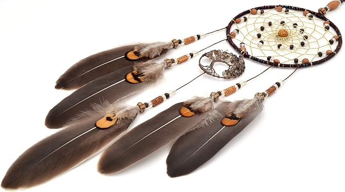 Urdeoms Tree of Life Crystal Dream Catchers for Boys Brown Boho Dream Catcher Wall Decor for Bedroom Adult Smoky Quartz Hanging Decor for Dorm Living Room(NO.10)