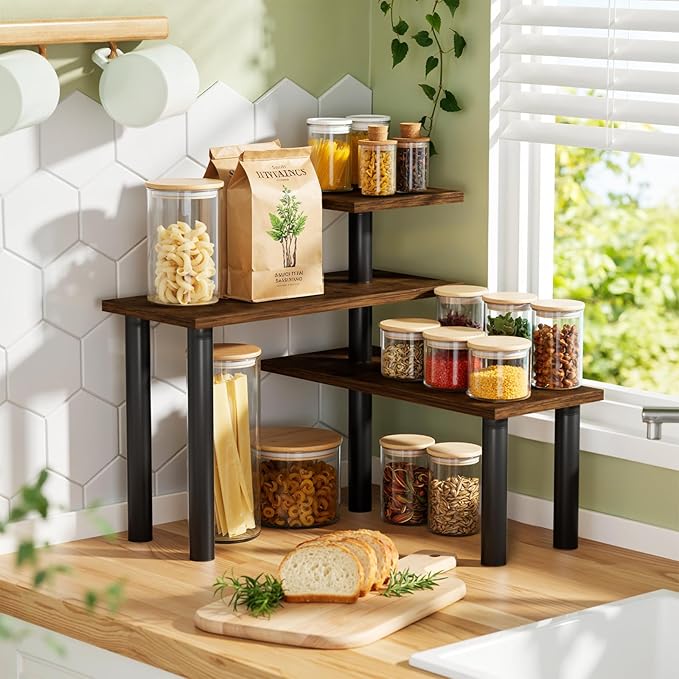 3-Tier Corner Countertop Organizer – Kitchen Counter & Bathroom Vanity Organizer, Coffee Bar Corner Shelf, Spice Rack Stand, L-Shaped Space-Saving Storage, Rustic Brown and Black, Wood