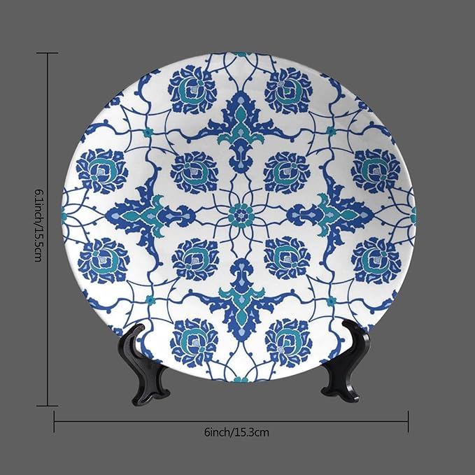 Turkish Decorative Plates, 6 Inch, Blue Flower Round Display Plate, Table Top Plate Decor with Stand, for Display Living Room Kitchen Closet Table Decor