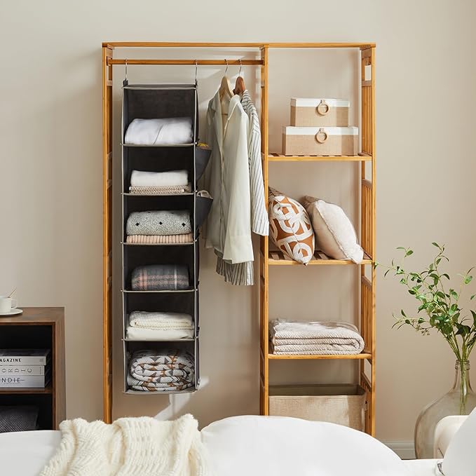 YOUDENOVA Hanging Closet Organizer, 6-Shelf Closet Hanging Storage Shelves, 2 Packs, Grey