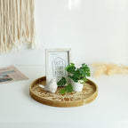 Hanobe Round Decorative Tray for Table: 2Pcs Vintage Coffee Table Trays with Boho Bead Garland for Home Decor - Farmhouse Wood Circle for Kitchen Counter Women