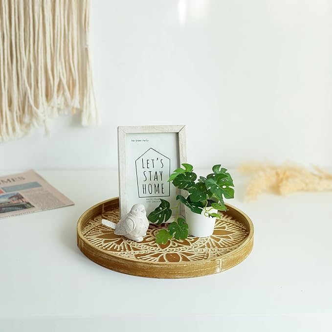 Hanobe Round Decorative Tray for Table: 2Pcs Vintage Coffee Table Trays with Boho Bead Garland for Home Decor - Farmhouse Wood Circle for Kitchen Counter Women