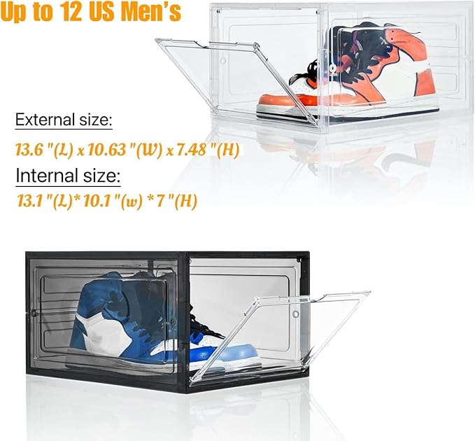 Attelite X-Large Clear Shoe Boxes Stackable Plastic Shoe Organizer ,Thicken & Sturdy Shoe Storage Box with Magnetic Door, Drop Front Shoe Box For Display Sneakers( 9 Pack, Clear White)