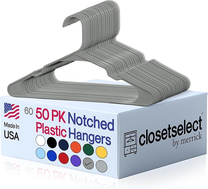 Plastic Hangers 50 Pack - Space Saving Clothes Hangers, Made in USA, Durable & Strong Plastic Shirt & Coat Hanger with Notches & Shoulder Grooves, Non-Slip Clothing Hangers | Silver Hail