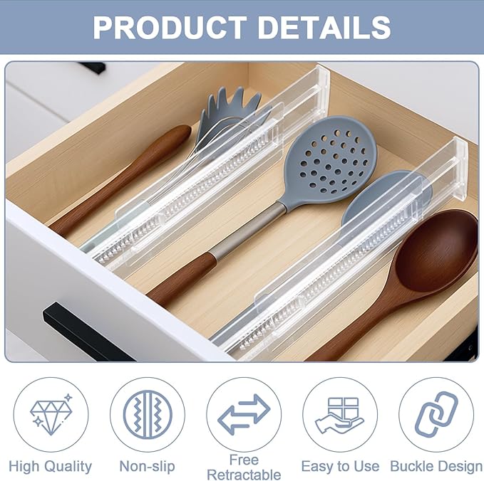 6 Pack Adjustable Drawer Dividers(11.34-19.88") 3.15" Expandable Clear Drawer Dividers for Kitchen, Bedroom & Office Dresser Drawer Organizers for Clothes, Utensils and Baby Nursery Storage
