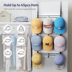 SWTYMIKI Over Door Hat Organizer - 3 Tier Metal Adjustable Wall Mounted Hat Rack with 9 Hooks Design, Hanging Baseball Cap Organizer Storage Holds up to 27 Caps for Door, Bedroom, Closet