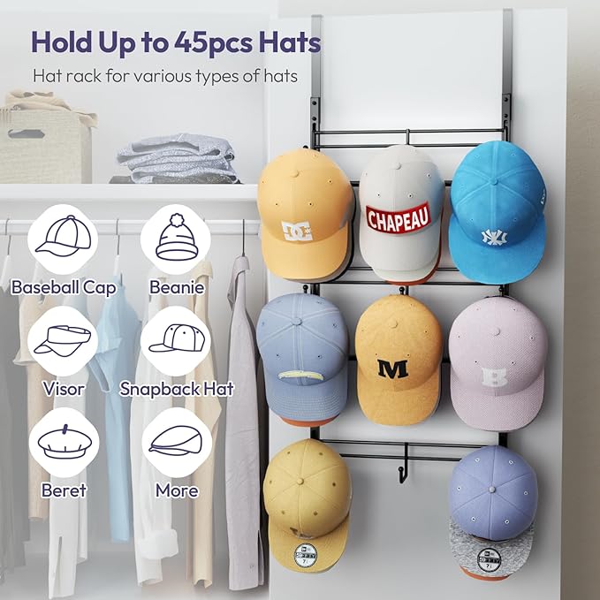 SWTYMIKI Over Door Hat Organizer - 3 Tier Metal Adjustable Wall Mounted Hat Rack with 9 Hooks Design, Hanging Baseball Cap Organizer Storage Holds up to 27 Caps for Door, Bedroom, Closet