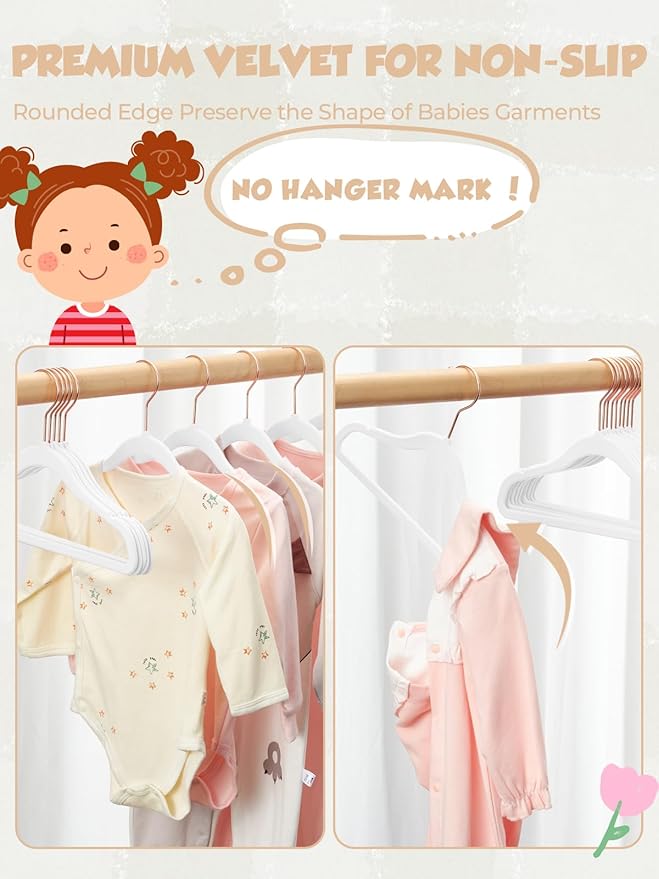 Smartor 11.8" Premium Baby Hangers Velvet for Closet 50 Pack, Durable Kids Felt Hangers Non Slip for Toddler, Baby Clothes Hangers for Childrens on Closet Storage (Rose Gold Hook)- White