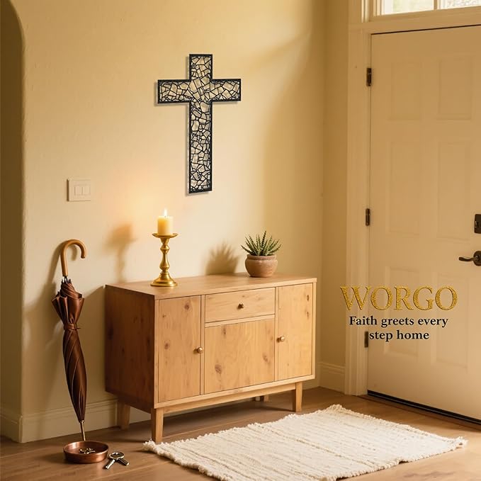 WORGO Metal Cross for Wall Crosses Wall Decor for Spiritual Home Decor and Gifting Metal Wall Art Christian Home Decor for Living Room Dining Room Bathroom (Black, 29.9" L x 19.8" W)
