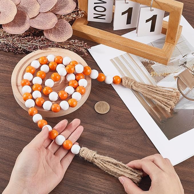 CREATCABIN 42 Inch Wood Bead Garland Decor Rustic Country Farmhouse Boho Home Orange White Wooden Beads Tassel Wall Hanging Ornaments for Coffee Table Wall Shelf Tray Vase Living Room Bedroom