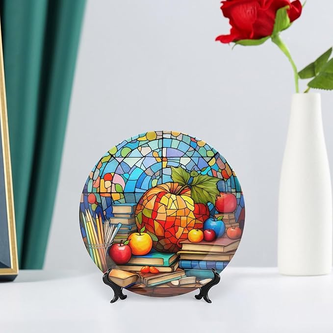 Decorative Plates for Wall Hanging, Back to School Stained Glass Painting Ceramic Plate w/ Display Stand, Home Decor for Kitchen Cabinets, Farmhouse Round Tray 6 Inch, Gift for Teacher Or Student
