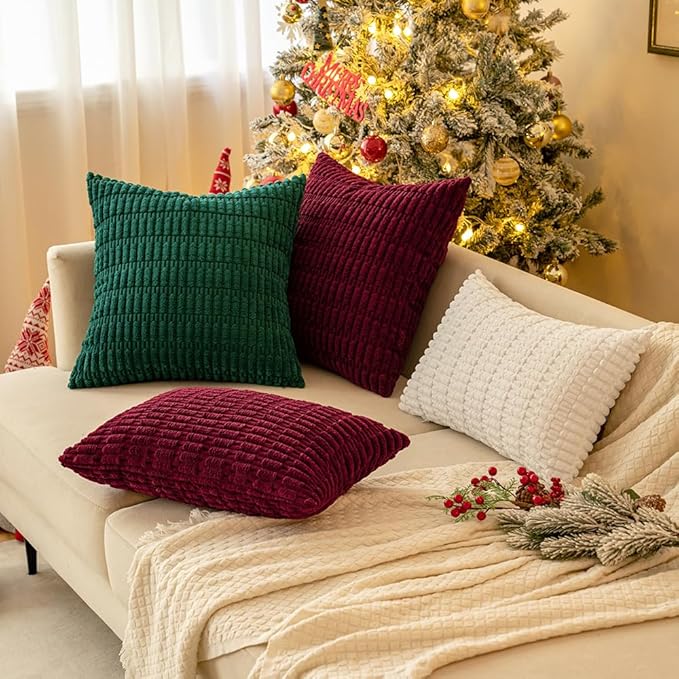 MIULEE Pack of 2 Burgundy Corduroy Decorative Pillow Covers 20x20 Inch Soft Boho Striped Throw Pillow Covers Modern Farmhouse Home Decor for Sofa Living Room Couch Bed