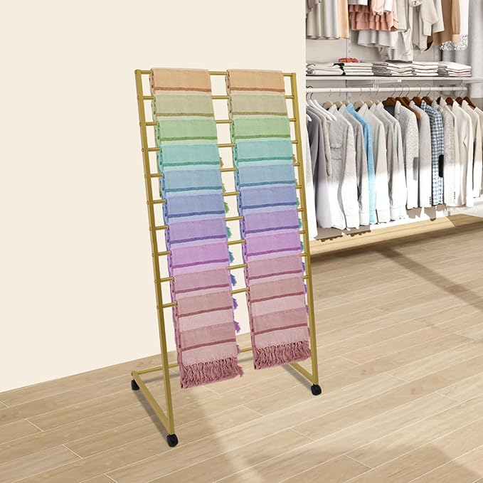 Scarf Organizer, 10-Tier Metal Scarf Display Stand with Wheels, Freestanding Scarf Display Rack, Retail Store Towel Rack, Ties Belt Pants Hanging Rack, for Boutique Display, Home (Gold-10 Rods)