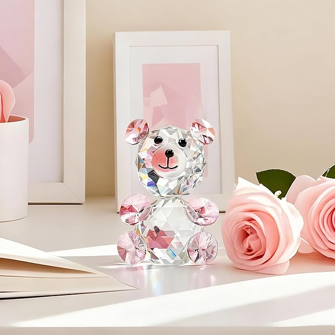 H&D Pink 3D Little Bear Crystal Figurine Paperweights Glass Xmas Decor