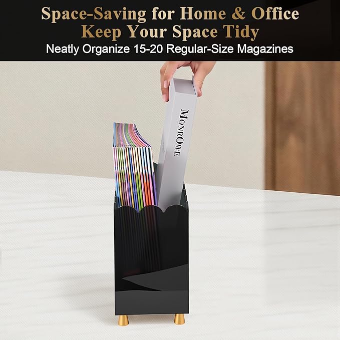 Acrylic Magazine Holder, Magazine Rack Floor,Sleek Black Stylish Organizer with Luxe Gold Metal Feet and Wave Edge Design Space Saving Storage for Books Newspapers Office Supplies,Home Office(Black)