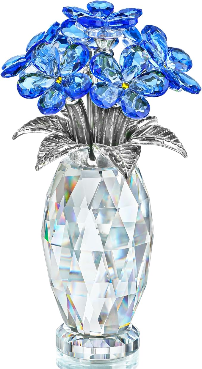 H&D HYALINE & DORA Blue Crystal Forget Me Not Flower Figurine,Flower Gifts for Women,Crystal Glass Flower Collectible Ornaments for Home Decor Table Centerpiece