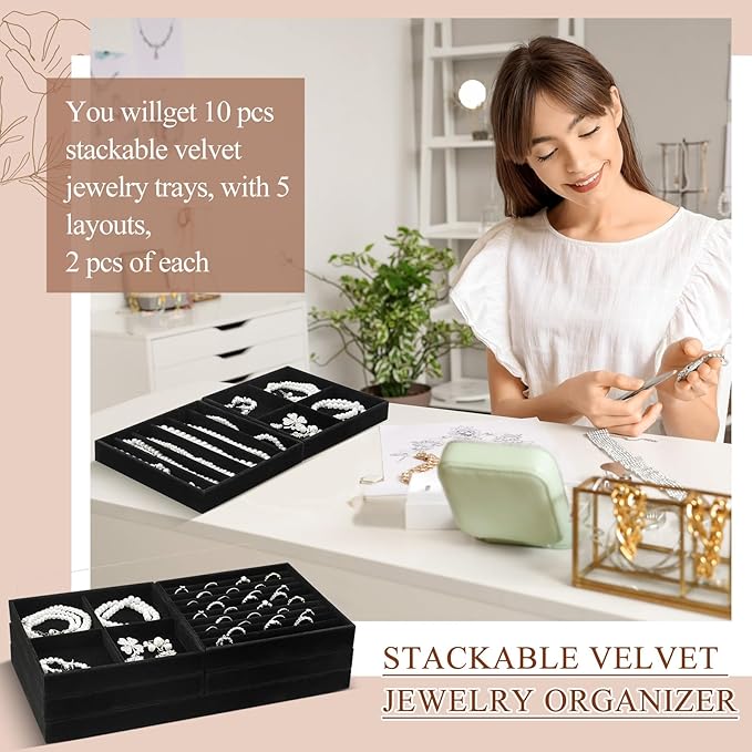Set of 10 Stackable Jewelry Organizer Trays for Drawer 14 Inch Velvet Jewelry Drawer Insert Display Storage with Removable Divider for Necklace Earring Ring Watch Bracelet (Black)
