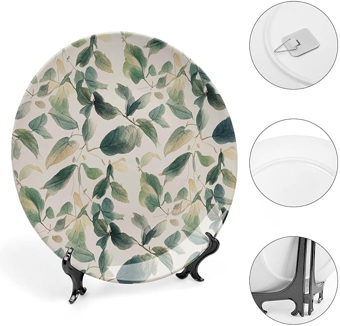 Bone China Decorative Plate Sage Green Eucalyptus Leaves Ceramic Decorative Plates with Display Stand 7inch Handmade Ceramic Ornament Wall Art Decor for Home Kitchen Bedroom Decorative Ornaments