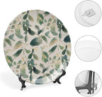 Bone China Decorative Plate Sage Green Eucalyptus Leaves Ceramic Decorative Plates with Display Stand 8inch Handmade Ceramic Ornament Wall Art Decor for Home Kitchen Bedroom Decorative Ornaments