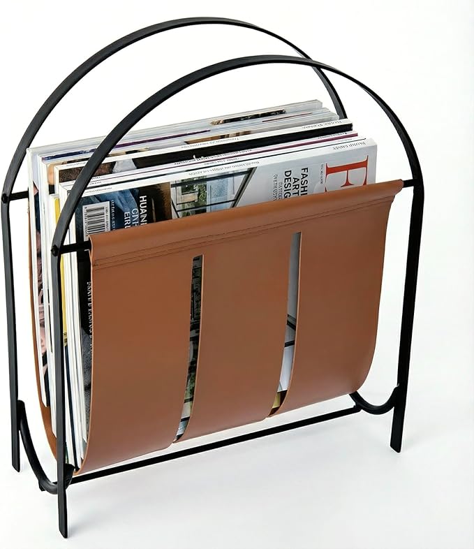 MyGift Black Metal and Caramel Brown Leatherette Magazine Rack – Tabletop or Floor Standing Sling Basket for Magazines, Newspapers, and Books