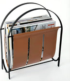 MyGift Black Metal and Caramel Brown Leatherette Magazine Rack – Tabletop or Floor Standing Sling Basket for Magazines, Newspapers, and Books