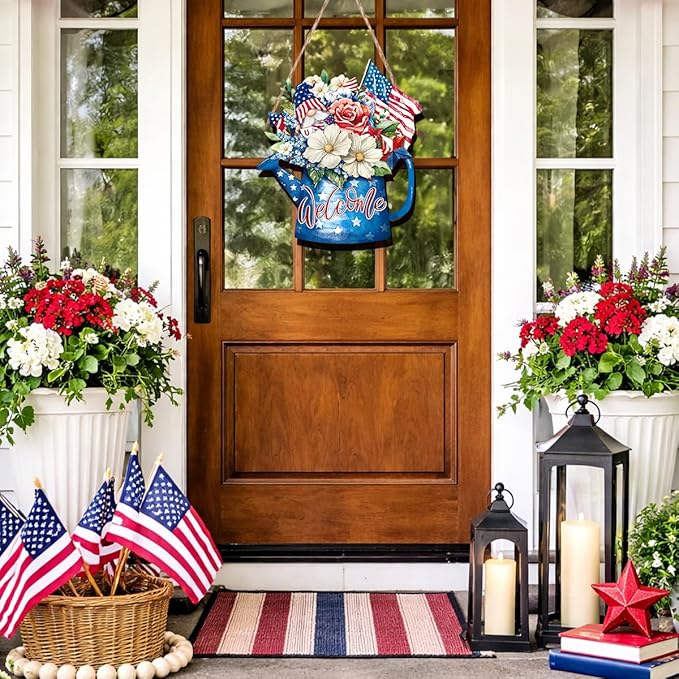 Wooden 4th of July Decorations Patriotic Wreath Independence Day Decorations Front Door with Star Sign Welcome Memorial Day Hanging for Home Wall Decor Outdoor Indoor Red White and Blue Wreath 3