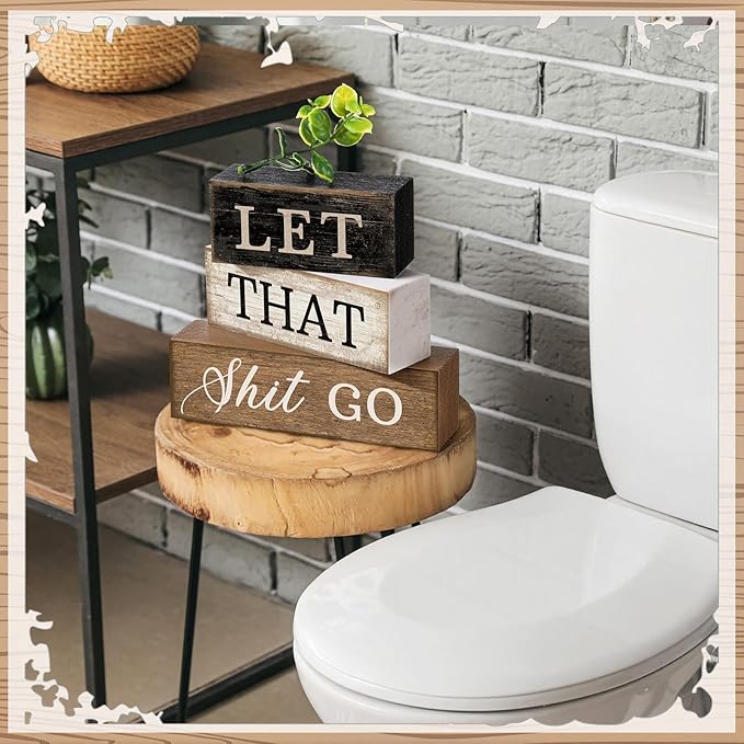 Moucuny 4 Pcs Bathroom Shelf Decor Sign Farmhouse Bathroom Decor and Accessories Rustic Eucalyptus Leaves Wood Block Sign Gift Let That Shit Go Funny Farmhouse Table Centerpiece for Home Office Toilet