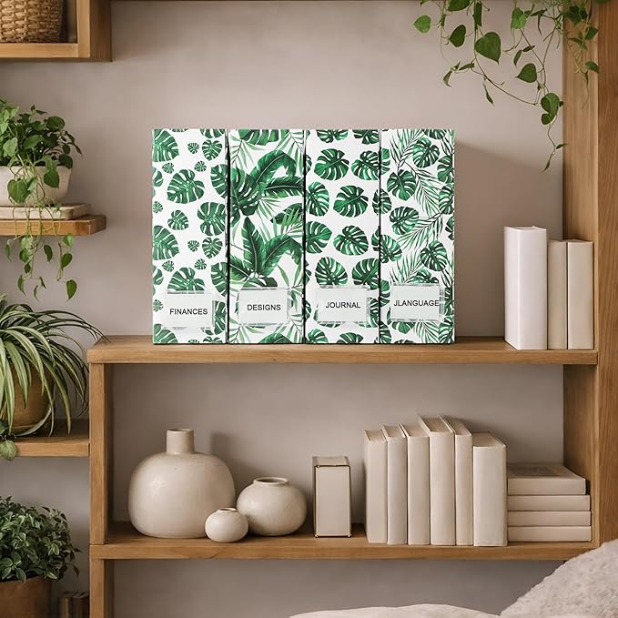 AmazingSpark Set of 4 Monstera Magazine Holder Decorative Foldable Magazine Storage Boxes with Acrylic Label Holders Coquettish Boho Organizer for Office Home Organization Storage