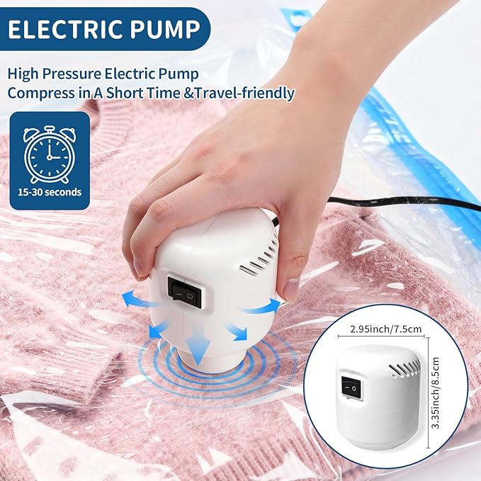 Vacuum Storage Bags with Electric Pump, 8 Jumbo Pack Space Saver Bags, Heavy Duty Reusable PA+PE Vacuum Sealer Bags for Comforters, Bedding, Blankets, Clothes, Home Organization & Travel