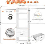 Metal Closet System, 4FT-8FT Closet Organizer System with 4 Expandable Hanging Rods and Metal Tower,79"H Walk in Closet System with 2 Drawers and Shelving,Built in Closet,Wall Mount,White