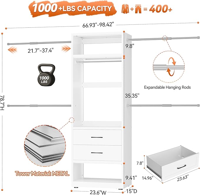 Metal Closet System, 4FT-8FT Closet Organizer System with 4 Expandable Hanging Rods and Metal Tower,79"H Walk in Closet System with 2 Drawers and Shelving,Built in Closet,Wall Mount,White