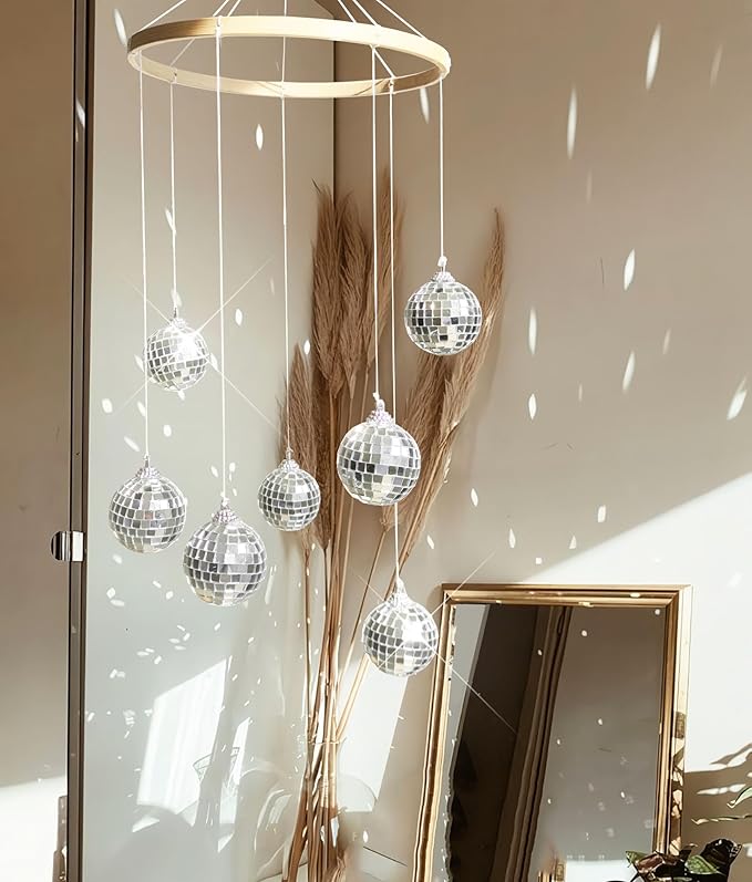 Dazzling Disco Ball Mobile, Spiral Spinner Ball, 7.8 Inch Nature Bamboo Circle, Indoor Outdoor Yard Garden Patio Home Decoration for Party Activities Wedding Birthday Music Festival