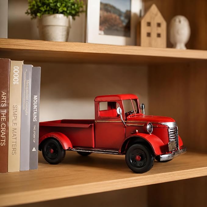 Vintage Red Metal Truck Decoration - 13 Inch Christmas Farmhouse Centerpiece, Rustic Holiday Table Decor for Home Office Mantel, Antique Pickup Collectible