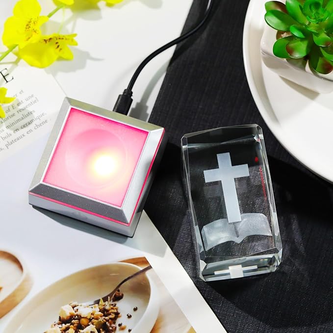 YWHL 3D Crystal Cross Figurine with Colorful Light Base, Laser Engraved Bible Religious Gifts for Women Men, Christian Collectible Decoration for Home Office
