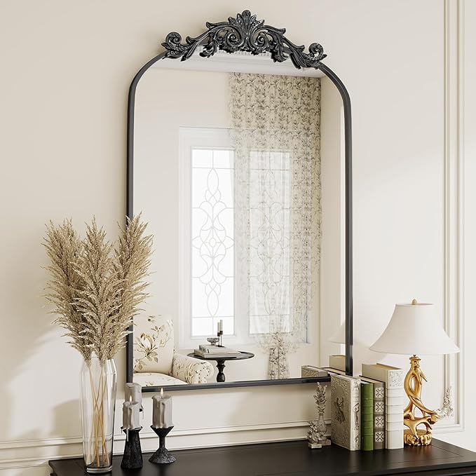 VooBang Vintage Arched Bathroom Mirror, 24x36 Inch Retro Wall Mounted Vanity Mirror with Carved Pattern Top and Metal Frame, Black Decorative Mirror for Hanging or Leaning