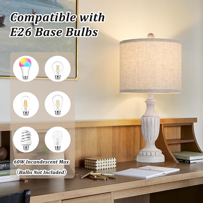 TOBUSA Farmhouse Living Room Table Lamps Set of 2, Grey Rustic Vintage Table Lamps for Bedroom Nightstand, Antique Bedside Desk Lamps with Linen Shade, 22’’ Traditional Resin Lamp Sets for End Table