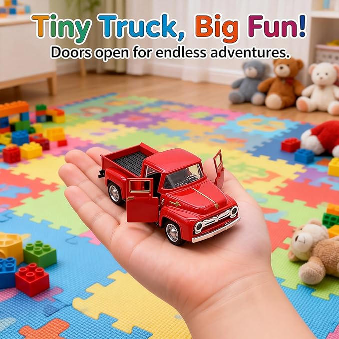 Vintage Red Pickup Truck Toy -Pull and GoTrucks for Kids and Boys.Farmhouse Holiday Centerpiece Winter Decor for Mantel,Tabletop,– Toy Gift for Family,Child,Christmas Enthusiasts(With Free small Tree)