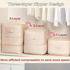 Ultra Space Saving Self Compression Organizer, 3-Layer Zipper Large Capacity Storage Bag, Thick Satin Fabric Heavy Duty Bags for Comforters Blankets Bedding Duvet (Beige, X-Large, 2PCS)