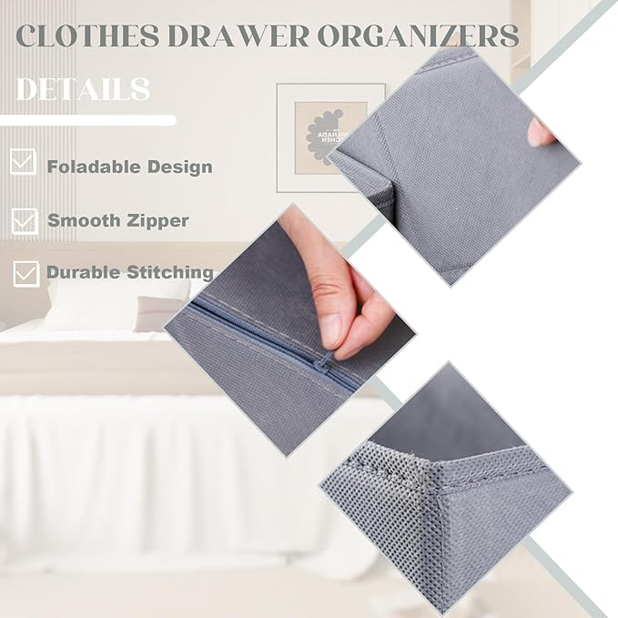 Drawer Organizer Clothes 8 Pack Clothes Organizer Dresser Drawer Organizers for Socks Underwears Bras Foldable Closet Organizers and Storage Fabric Storage Dividers for Nursery Bedroom, Gray