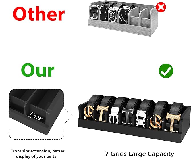 Belt Storage Organizer Box - 7 Grids Bamboo Belt Organizer for Closet | Wooden Belt Tie Hanger Racks for Men Women Drawer | Belt Display Holder Wall Mount with 2 Pcs Tie Clip (Black)