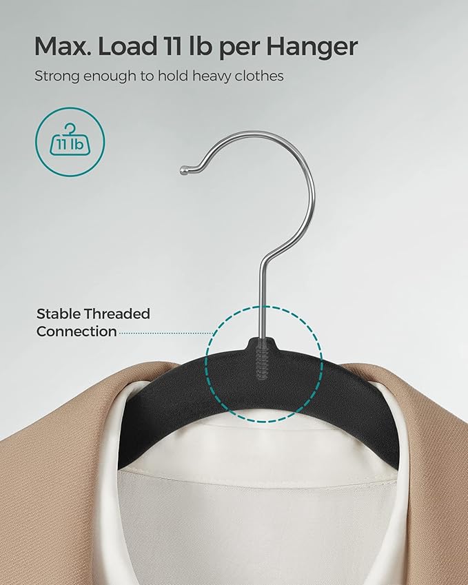 SONGMICS Velvet Hangers 20 Pack, Non-Slip Clothes Hangers with Shoulder Notches, Pants Bar, 360° Swivel Hook, Space-Saving, for Closet, Ink Black UCRF029B02
