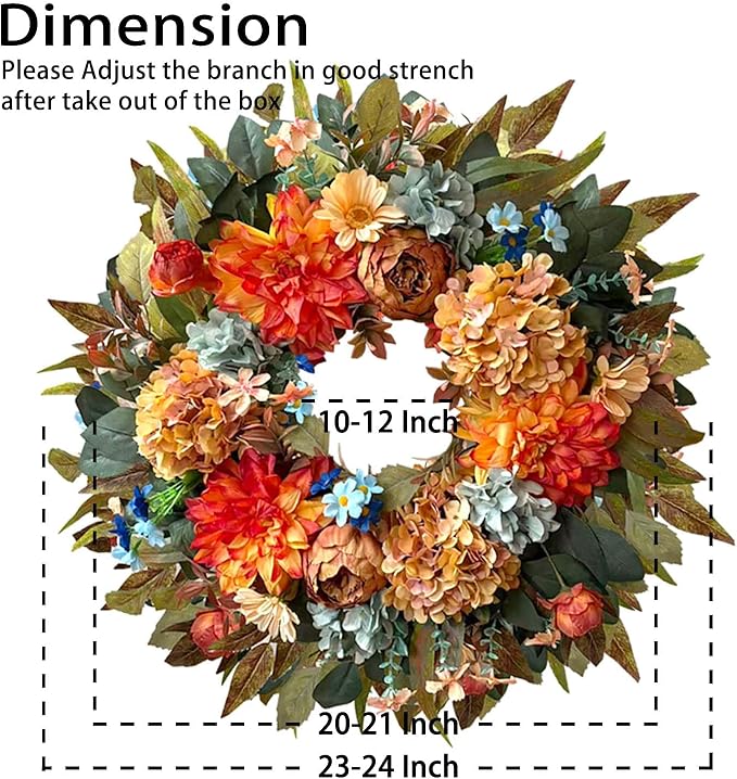 WANNA-CUL 24 Inch Spring Hydrangea &Peony Wreaths for Front Door, Summer Fall Door Wreath with Orange Dahlia Flowers for Wedding or Indoor&Outdoor Decoration