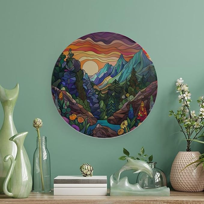 Stained Glass Theme Decorative Ceramic Plate Round Porcelain Plate,8 inch,Sunset Forest Stream Pattern,for Decorative Ornaments Giving Plates, 1 Plate with 1 Display Stand,Multicolor