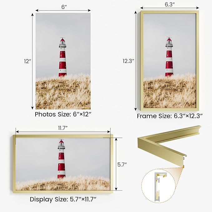 6x12 Aluminum Metal Picture Frame,Tempered Glass Gold Photo Frame 6x12 for Family Photo,Posters,Art,Document to Wall Mount Horizontally or Vertically