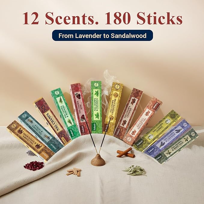 Tulasi Nag Champa Incense Sticks Assorted/Variety Pack – 180 Hand Rolled Sticks, 12 Natural Scents | Sandalwood, Lavender, Vanilla, White Sage | Meditation & Yoga Aromatherapy